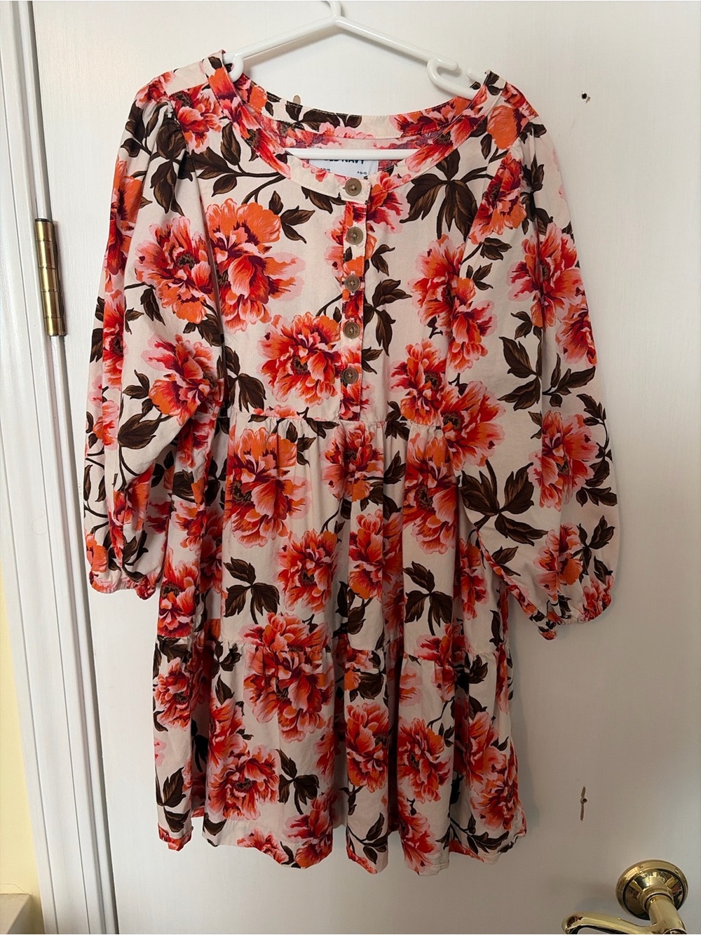 Old Navy Cream Floral Long-Sleeve Button Babydoll Dress with Orange Blooms